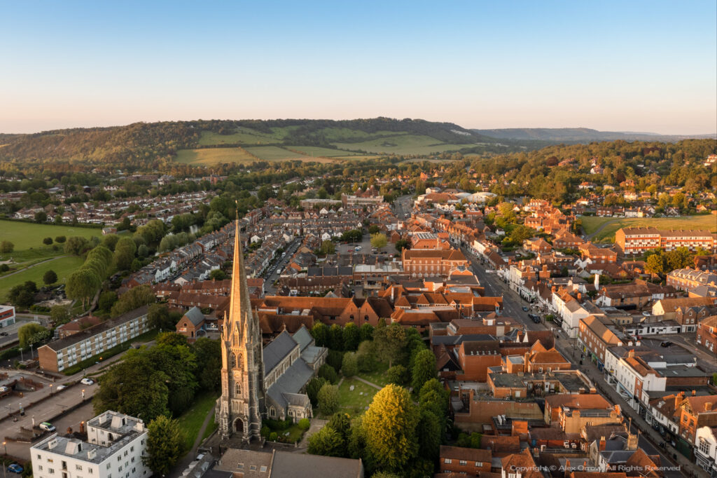 Dorking Town Centre with St. Martins Church drone view