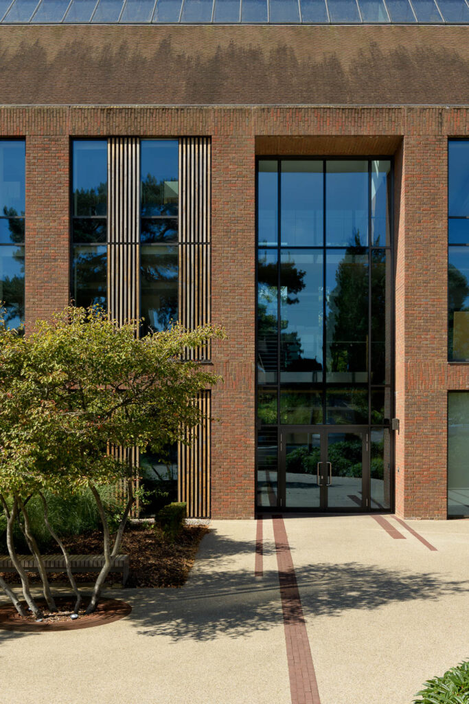 The Harrison Centre Reigate Gramme School, North East elevation detail of entrance and red brick facade